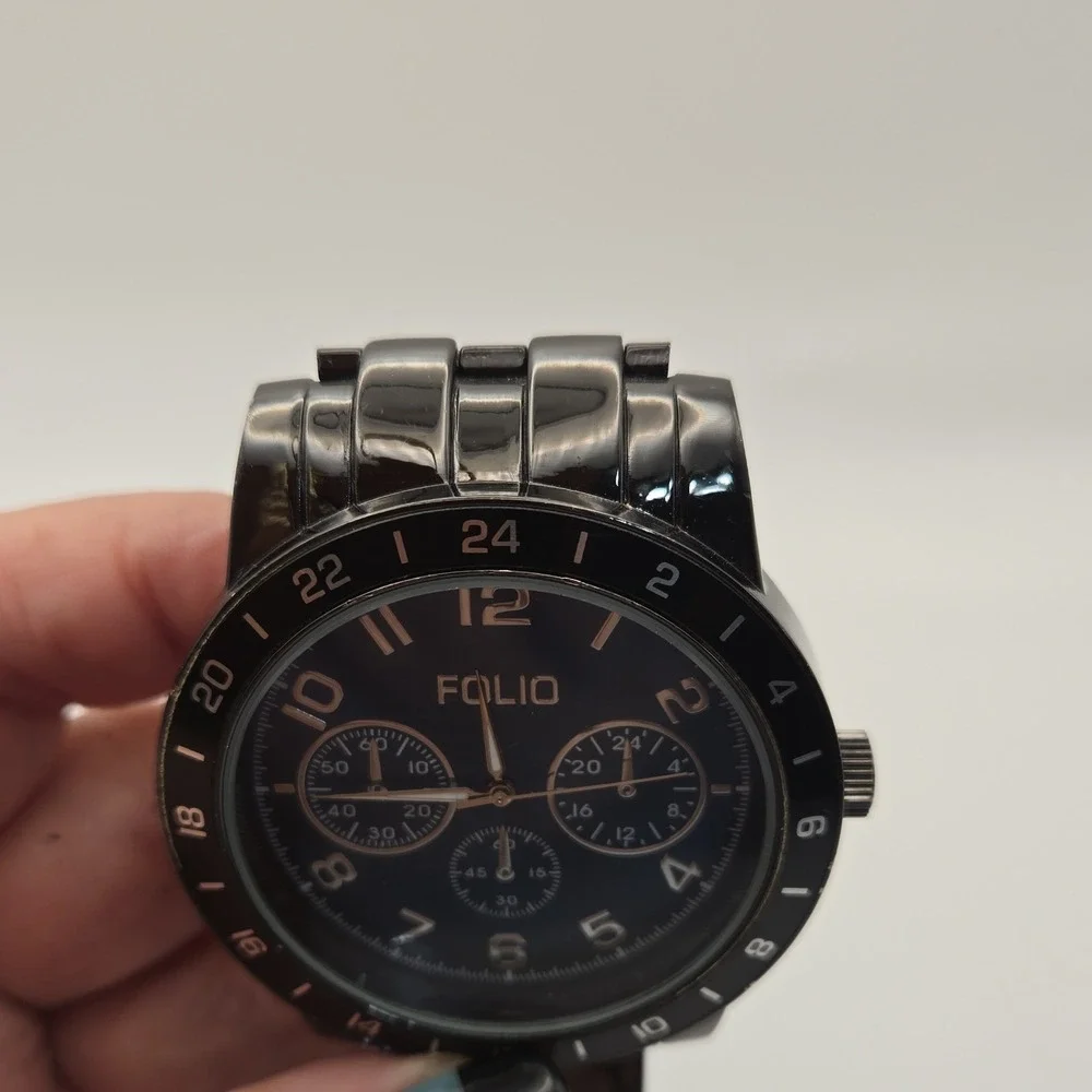 Folio FMDMSG906 Mens 55mm Chrono Blue Dial Watch. Black SS Band, New Batteries.